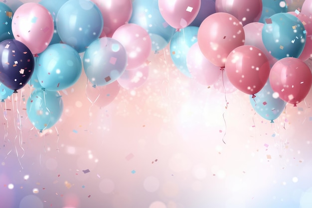 Balões coloridos com confetes e fitas no fundo bokeh Fundo comemorativo com balões rosa e azuis confetes brilham luzes geradas por IA