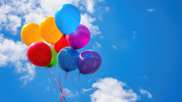 Balões coloridos com cordas amarradas contra um céu azul Balões de hélio flutuando no ar