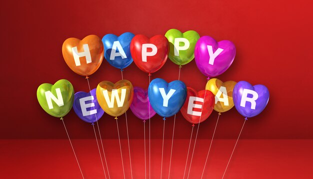 Balões coloridos da forma do coração do feliz ano novo sobre um fundo vermelho de concreto. Banner horizontal. Ilustração 3D render