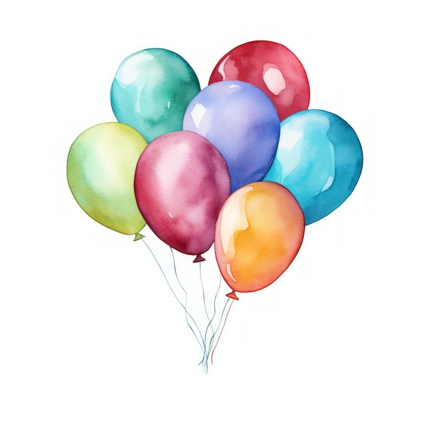 Balões coloridos de aquarela em fundo branco gerados pela IA