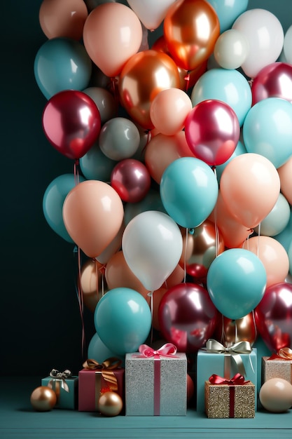 Balões coloridos e caixas de presentes em fundo azul ilustração 3D