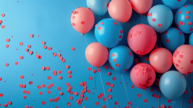 Balões coloridos e confete em fundo azul