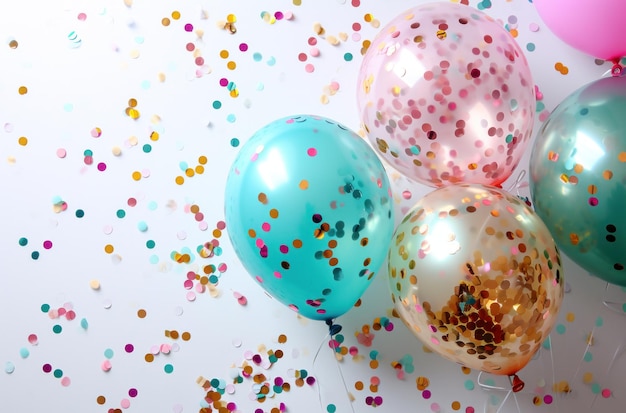 Foto balões coloridos e confeti em fundo branco