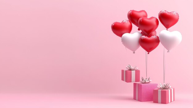 Balões coloridos em forma de coração flutuam acima de caixas de presentes lindamente embrulhadas contra um fundo rosa suave
