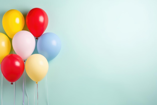 Balões coloridos em fundo pastel com espaço de cópia para cartão de felicitações