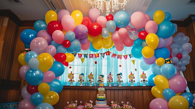 Balões coloridos em um arco em uma sala com uma grande janela Há uma mesa com um bolo e outros itens de comida na frente da janela