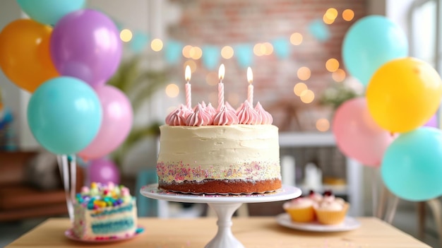 Balões coloridos, faixas e um bolo de aniversário criam um ambiente alegre.