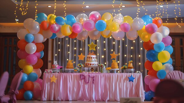 Balões coloridos se arqueiam sobre uma mesa com um pano de mesa rosa e um grande bolo de aniversário. A sala é decorada com estrelas e luzes.