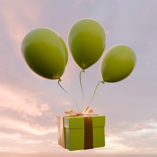 Foto balões com caixa de presente no fundo do céu