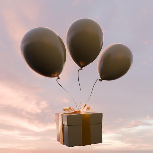 Balões com caixa de presente no fundo do céu