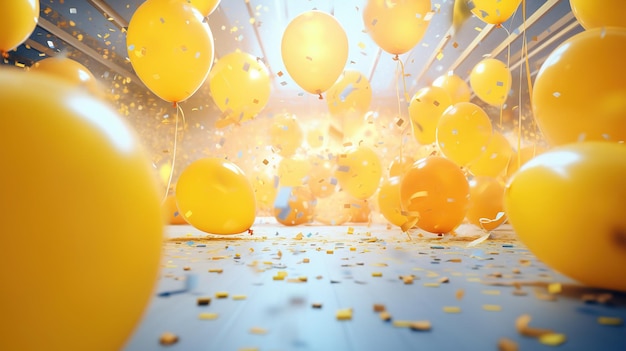 balões com confete e confete amarelo sobre um fundo azul.