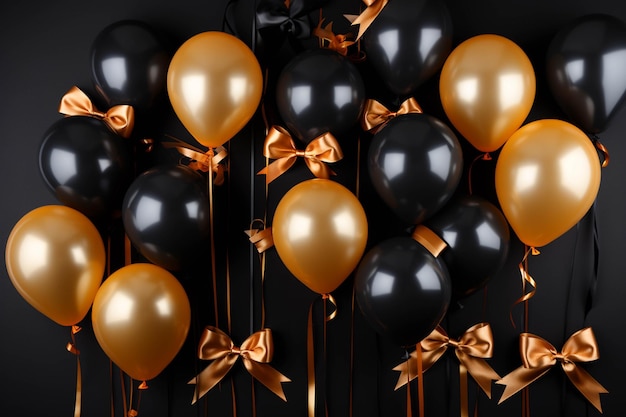 Balões com fitas de ouro e arcos estão em um fundo preto generativo ai