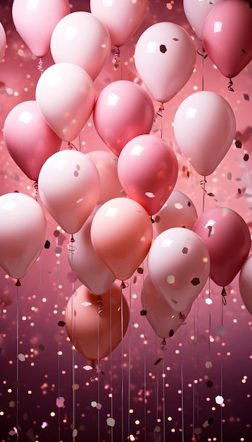 Balões cor-de-rosa com confete brilhante caindo sobre eles