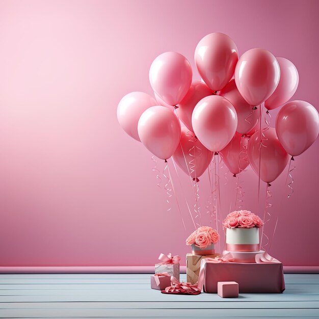 balões cor-de-rosa com uma caixa de flores rosas em uma mesa