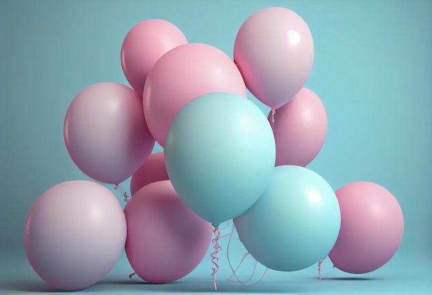 Balões cor de rosa em um fundo azul pastel ilustração de renderização 3d Gerar Ai