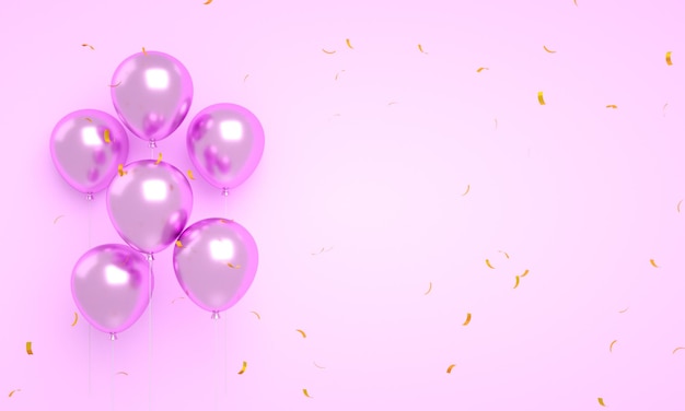 Balões cor de rosa flutuando com confete isolado para fundo de feliz aniversário 3d