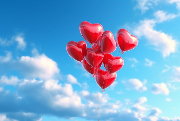Balões de amor vermelhos no ar contra um céu azul generativo ai