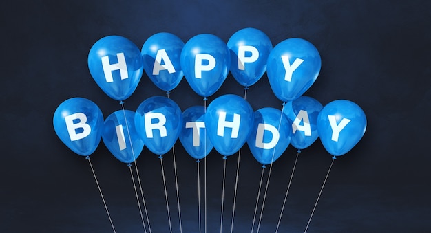 Balões de ar azuis de feliz aniversário em uma cena negra. Banner horizontal. Renderização 3D