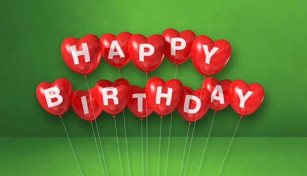 Balões de ar da forma do coração vermelho feliz aniversário em uma cena de fundo verde. Banner horizontal. Ilustração 3D render