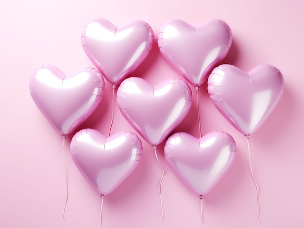 Balões de ar em forma de coração em fundo rosa pastel