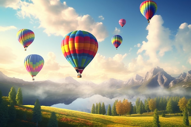 Balões de ar quente coloridos do arco-íris flutuando sobre um se 00739 00