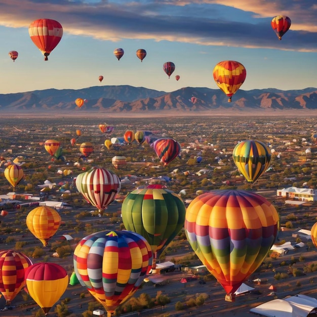 Balões de ar quente coloridos flutuam graciosamente sobre uma paisagem urbana vibrante