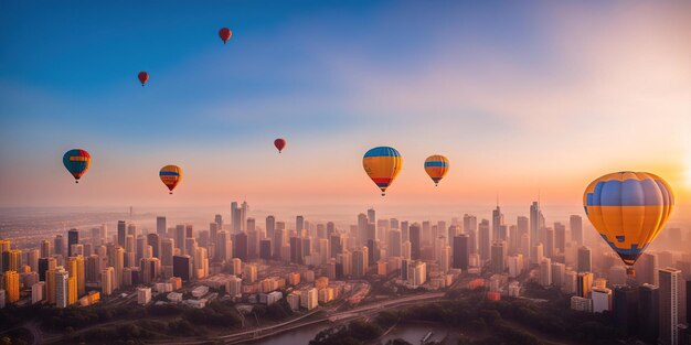 Balões de ar quente coloridos voam no céu sobre a cidade ao pôr do sol