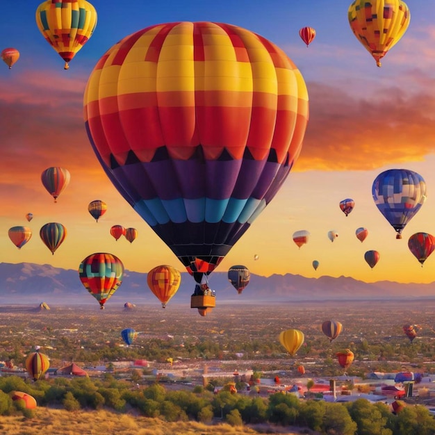 Balões de ar quente coloridos voando no céu