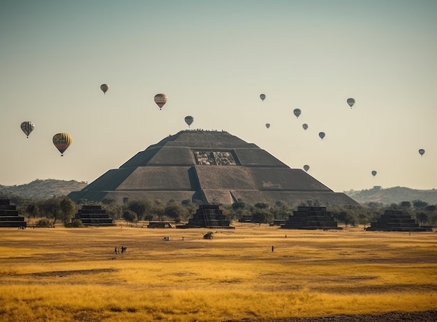 Balões de ar quente coloridos voando sobre a antiga pirâmide de Teotihuacan México