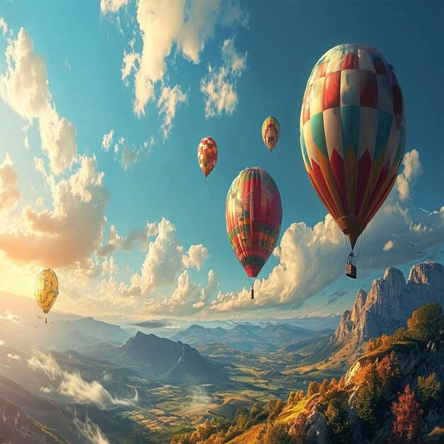 Balões de ar quente coloridos voando sobre a atração turística da montanha em belas paisagens naturais