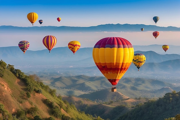 Balões de ar quente coloridos voando sobre a montanha em Dot Inthanon, em Chiang Mai, na Tailândia