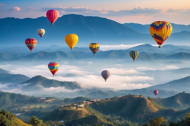 Balões de ar quente coloridos voando sobre a montanha em Dot Inthanon, em Chiang Mai, na Tailândia
