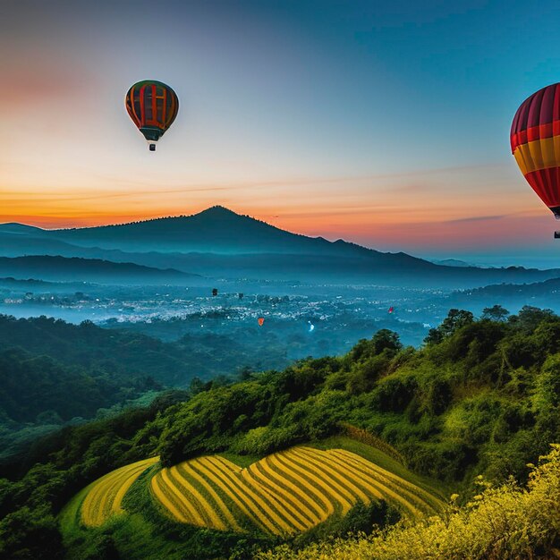 Balões de ar quente coloridos voando sobre a montanha em Dot Inthanon, em Chiang Mai, na Tailândia