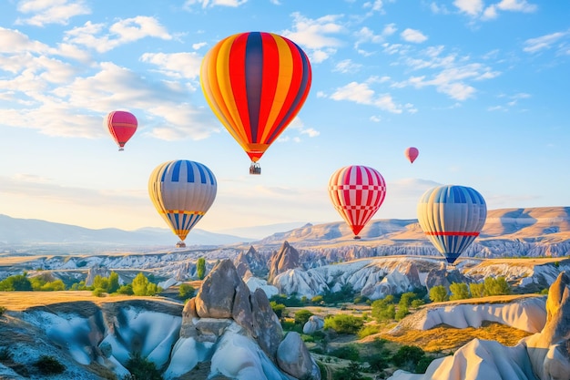 Balões de ar quente coloridos voando sobre paisagens rochosas na capadocia, na turquia.