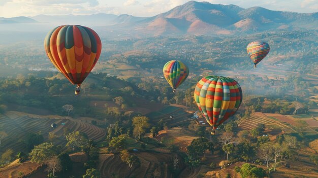 Foto balões de ar quente coloridos voando sobre um vale pitoresco adequado para conceitos de viagem e aventura