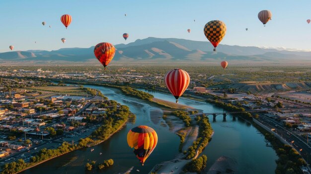 Balões de ar quente de cores brilhantes flutuam acima da cidade, oferecendo uma perspectiva única do alto