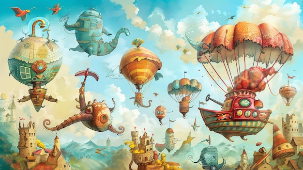 Foto balões de ar quente e dirigíveis caprichosos de steampunk voam através de um céu cheio de nuvens inchadas
