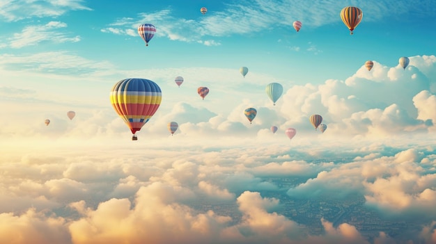 balões de ar quente no céu com nuvens