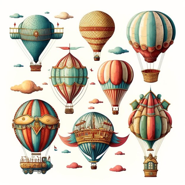 Balões de ar quente vintage voando coloridos dirigíveis vintage