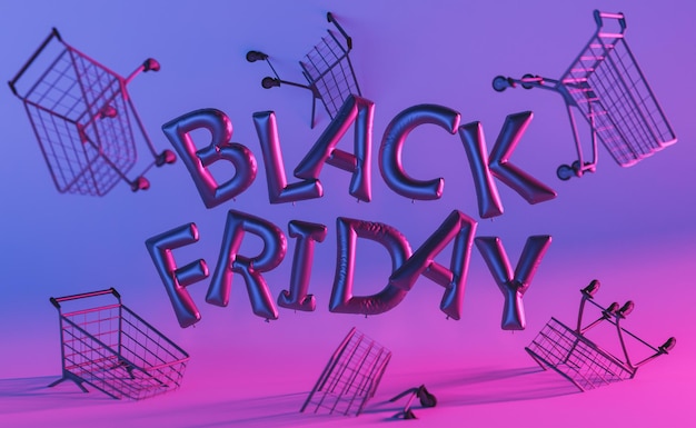 Balões de Black Friday com carrinhos de compras contra um fundo brilhante