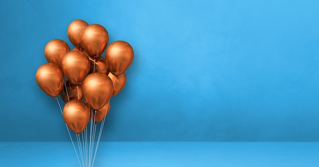 Balões de cobre amontoados em um fundo de parede azul. Banner horizontal. Ilustração 3D render