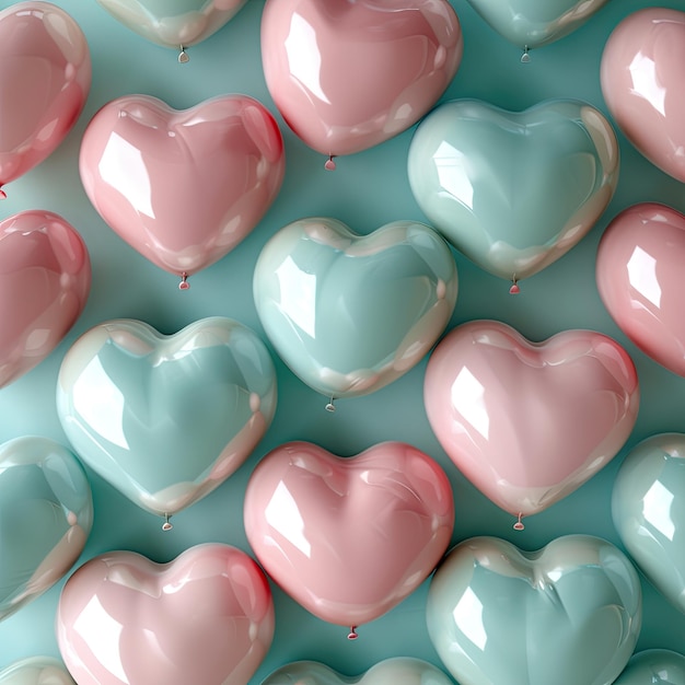 Balões de coração brilhantes em rosa e azul pastel