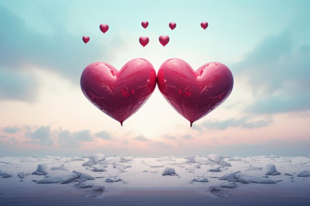 Balões de coração flutuando sobre uma terra nevada de inverno