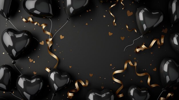 Foto balões de coração preto luxuosos com fitas douradas em fundo escuro