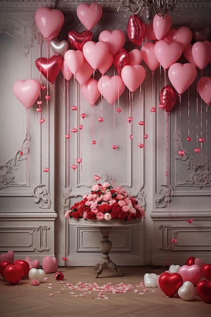 Balões de coração românticos e velas decoração do quarto