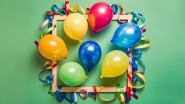 Balões de cores brilhantes são lançados no ar em torno de uma estrutura de madeira de fita e papel coloridos