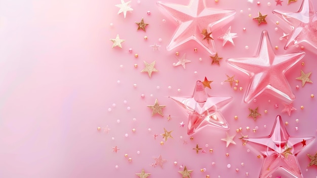 Balões de estrelas cor-de-rosa e estrelas douradas espalhadas sobre um fundo rosa pastel