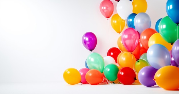 Balões de festa coloridos em fundo branco Festa festiva e decoração de feliz aniversário com conjunto de espaço de cópia de balões multicoloridos