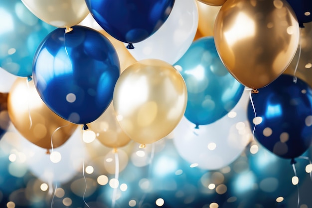 Foto balões de festa fundo balões dourados e azuis fundo com confeti e fundos bokeh ai gerado