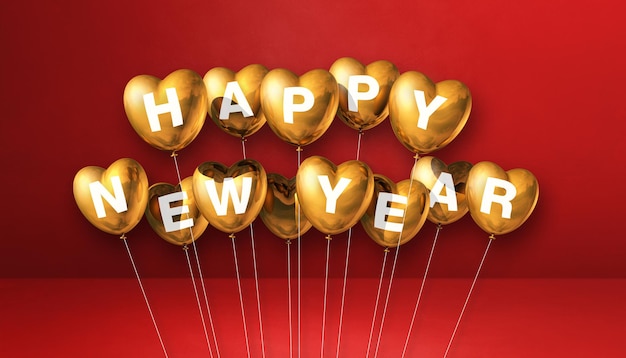 Balões de forma de coração ouro feliz ano novo em um fundo vermelho de concreto. Banner horizontal. Ilustração 3D render